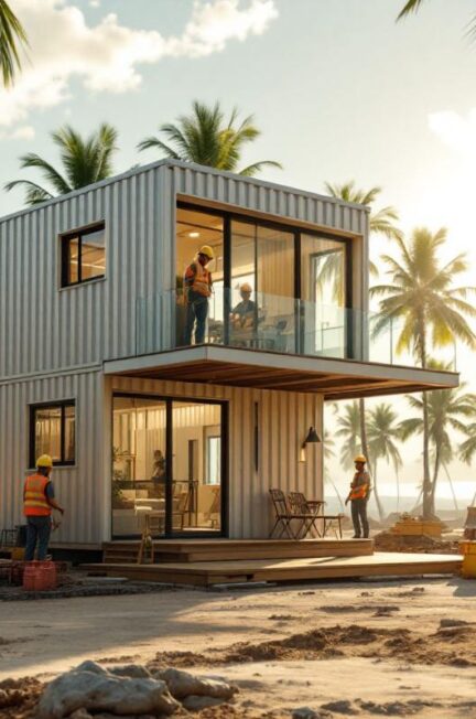 Bureau de chantier modulaire en métal sur un site de construction tropical, véranda ombragée, palmiers et engins en arrière-plan, ouvriers en tenue de sécurité, sol sablonneux et végétation luxuriante, lumière solaire vive avec rayons volumétriques.