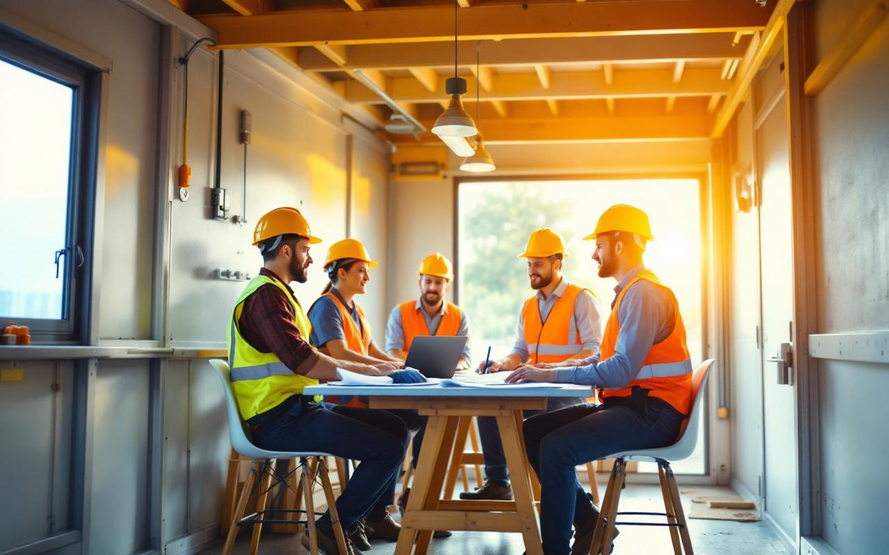 Quatre ouvriers en casque et gilet de sécurité réunis dans une unité bureau modulaire, autour d'une table avec plans et un ordinateur portable, lumière douce et volumétrique traversant la fenêtre, ambiance professionnelle et réaliste.