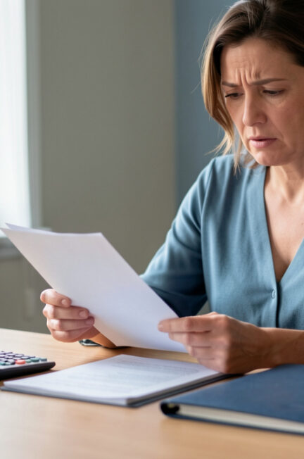 Une femme examine des documents administratifs vierges, une calculatrice et un dossier médical sur un bureau, évoquant une difficulté liée à la paie pendant un arrêt maladie.