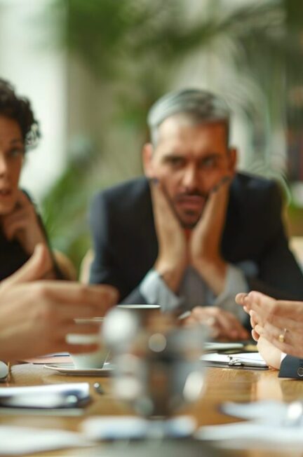 Une équipe échange avec tension autour d’une table de réunion au bureau.