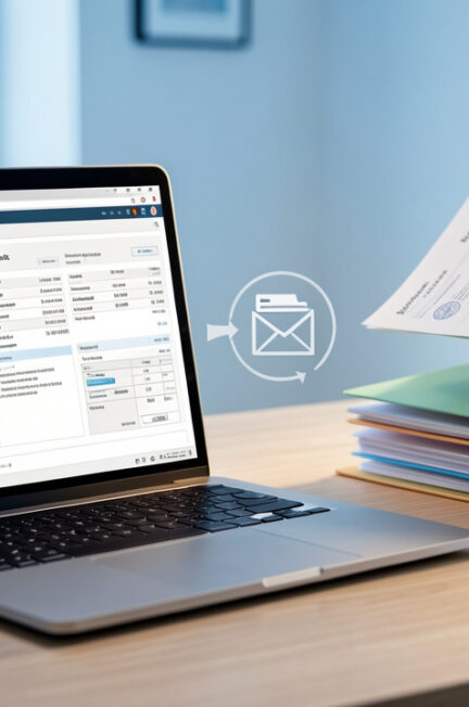 Ordinateur portable affichant une archive numérique sécurisée avec des documents administratifs et des dossiers organisés, illustrant la récupération de bulletins après un changement d’adresse e-mail.