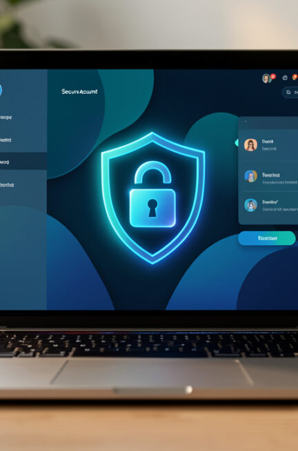 Ordinateur portable affichant une interface abstraite de compte sécurisé, accompagné d’un bouclier lumineux et d’un cadenas dans un espace de travail moderne.