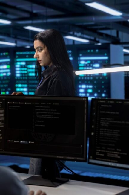 Équipe informatique analysant des écrans de supervision réseau dans une salle serveur.